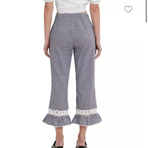 Maje Pitchy Cotton Gingham Ruffled Pants Navy Blue White Trouser Sz 34 XS NEW - Picture 2 of 11